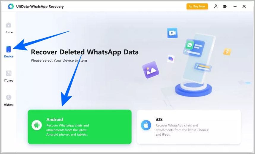 Ultdata whatsapp recovery home screen with android and ios options