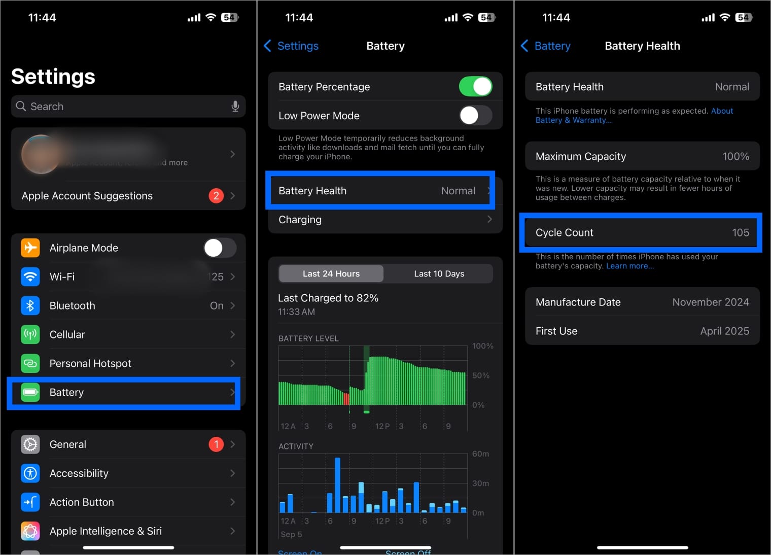 iPhone Battery Health showing cycle count in settings Iphone battery health showing cycle count in settings