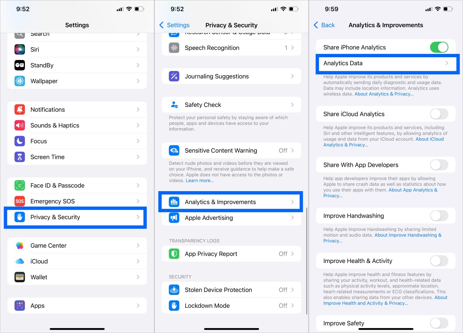 iPhone Settings showing path to Analytics Data under Privacy Security Iphone settings showing path to analytics data under privacy security