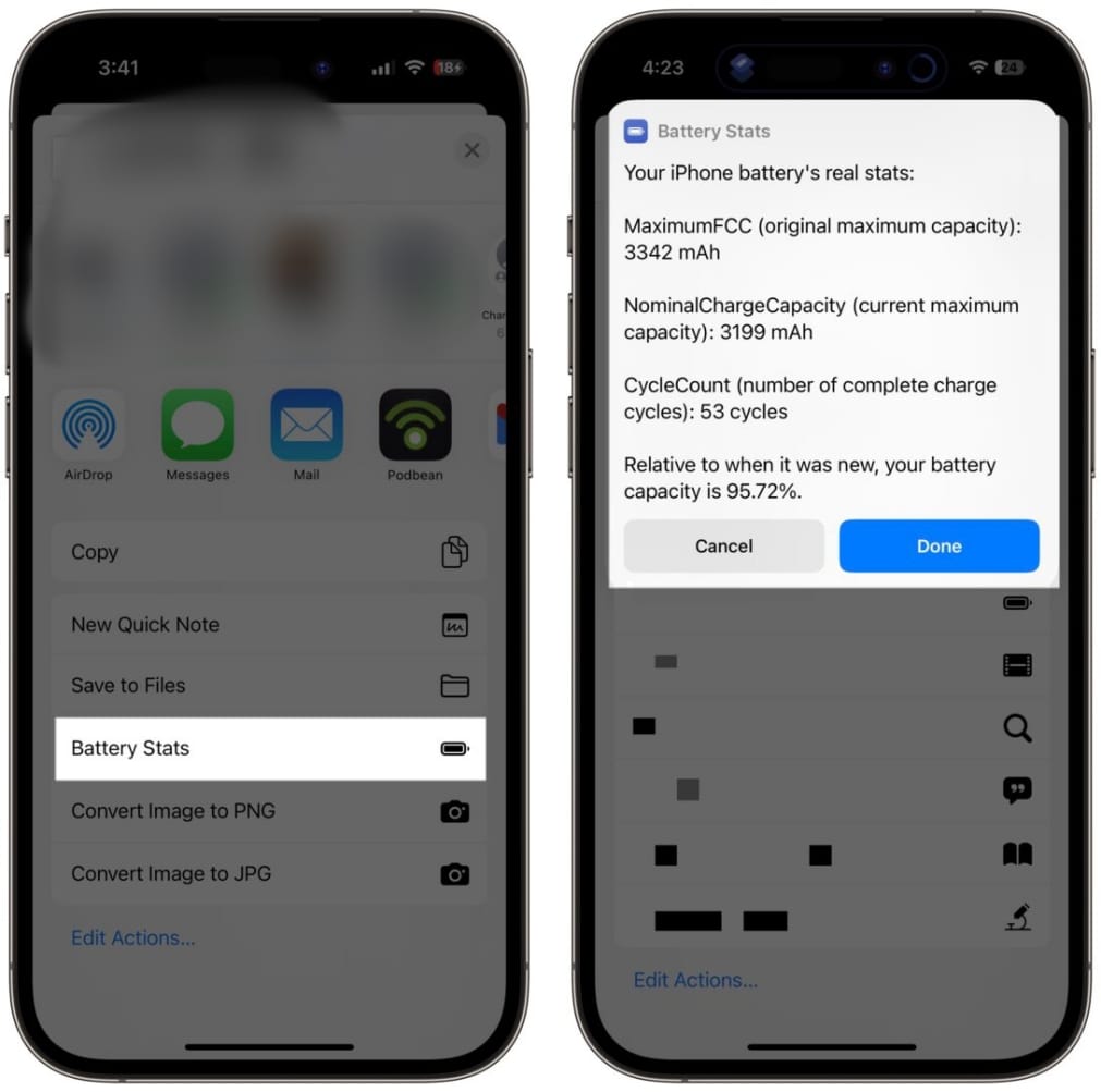 iPhone share sheet showing Battery Stats shortcut results with capacity and cycle count Iphone share sheet showing battery stats shortcut results with capacity and cycle count