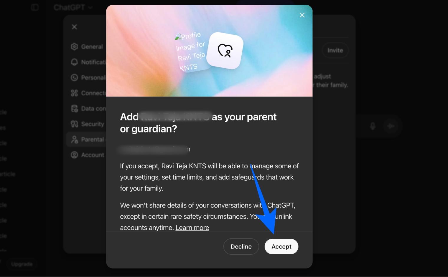 Accept ChatGPT parental control invitation