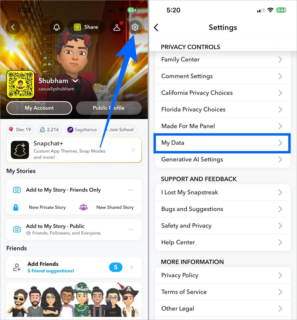 Access snapchat my data from profile settings under privacy controls