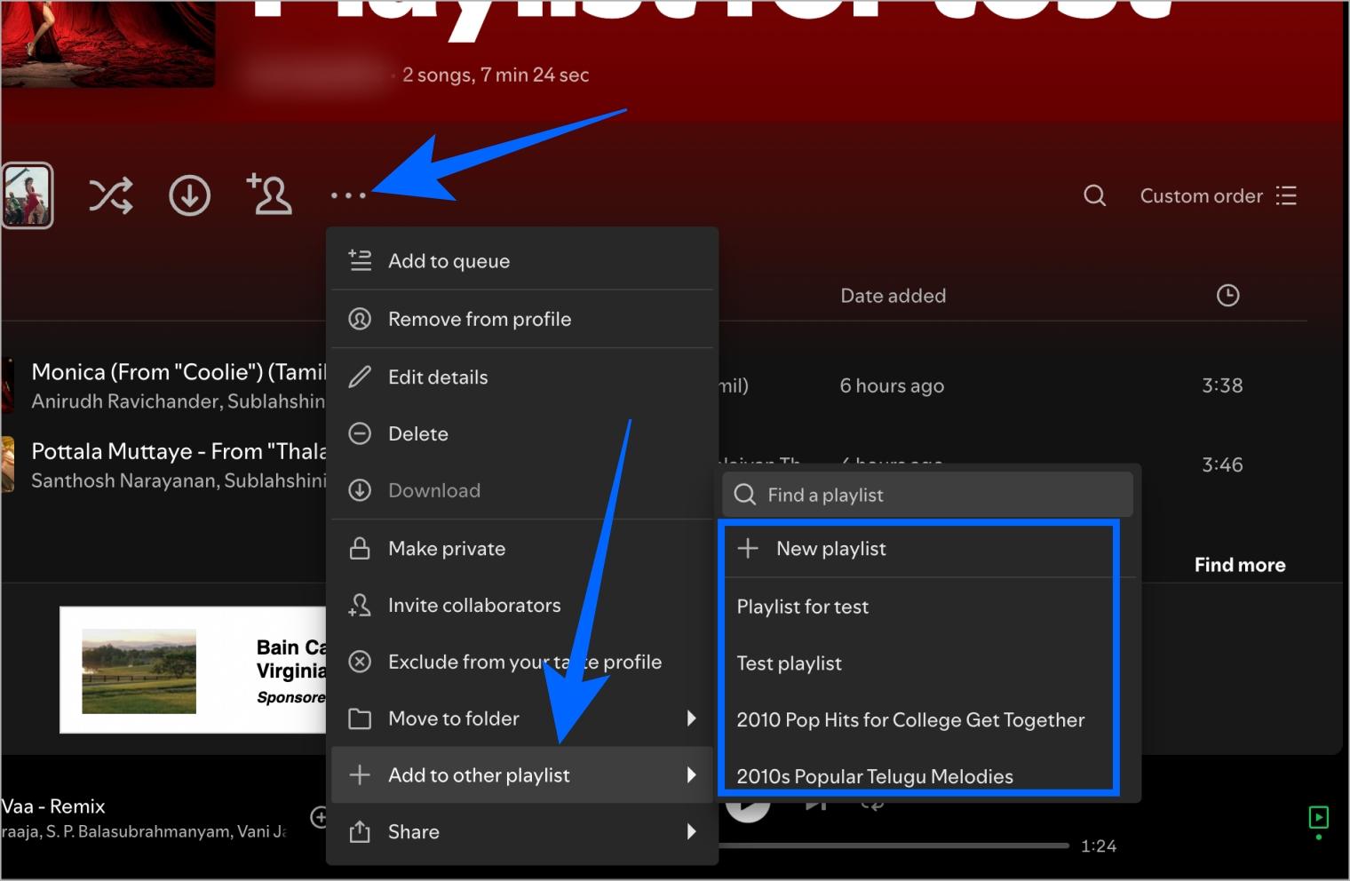 Add songs to new or existing playlist on Spotify desktop