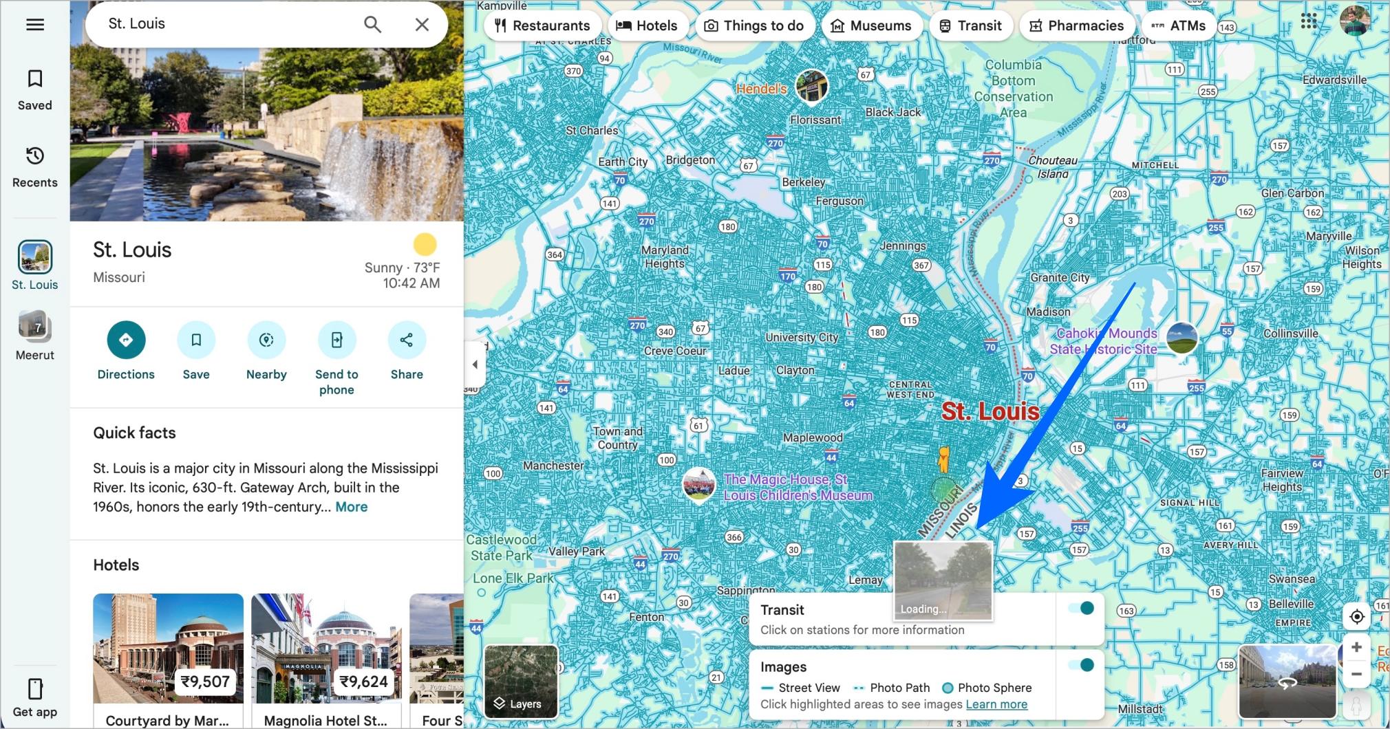 Adjust street view in google maps using arrows and zoom