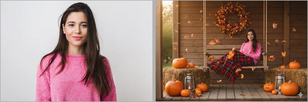 Autumn porch gathering shot prompt use in gemini for thanksgiving edit