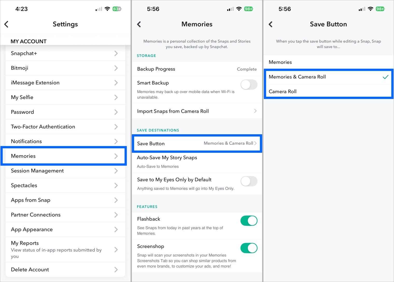 Change snapchat save settings to memories and camera roll