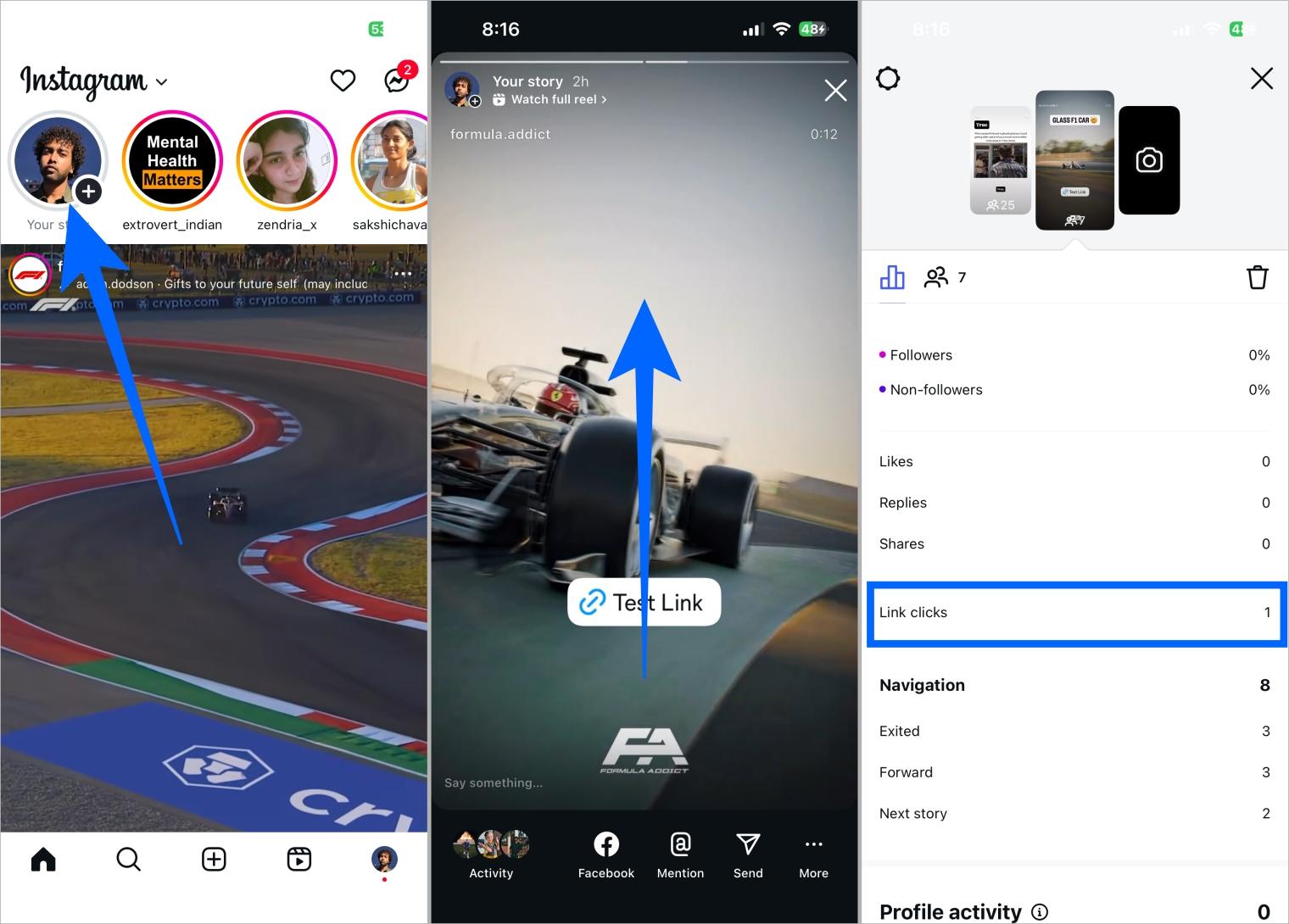 Check Instagram Story link clicks from Insights under Link Clicks section on Mobile