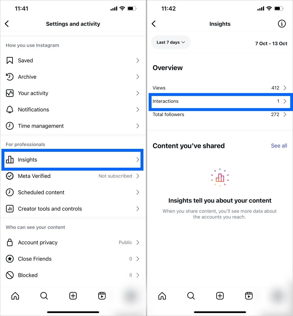 Check instagram profile views from insights under interactions section