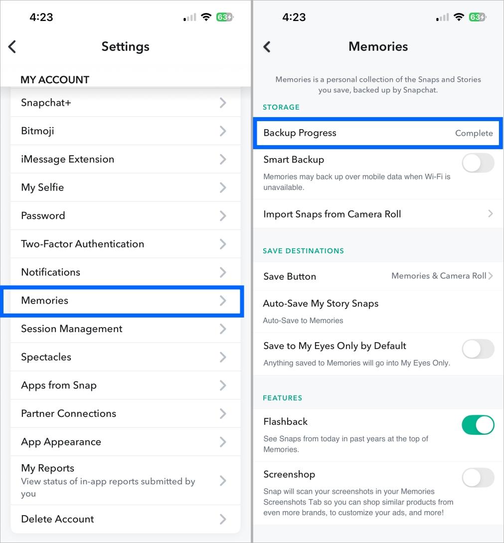 Check your snapchat memories storage