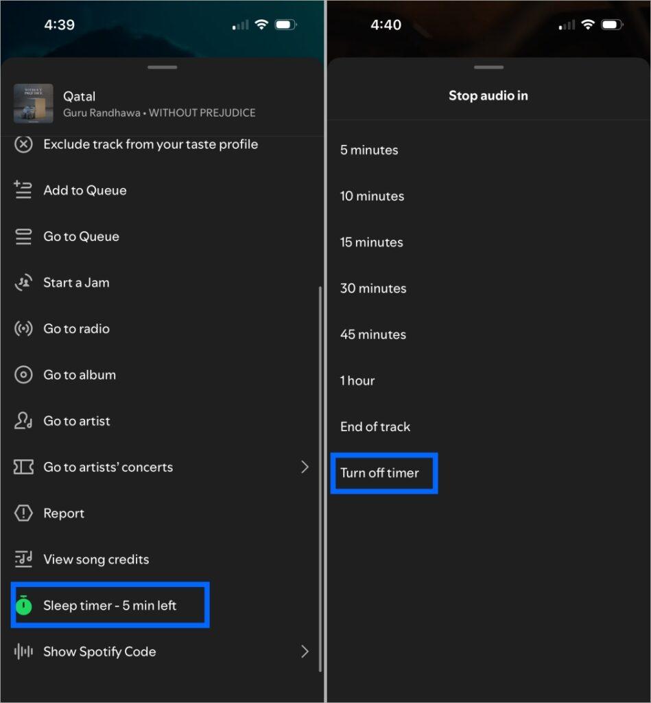 Check or cancel spotify sleep timer from same menu showing remaining time