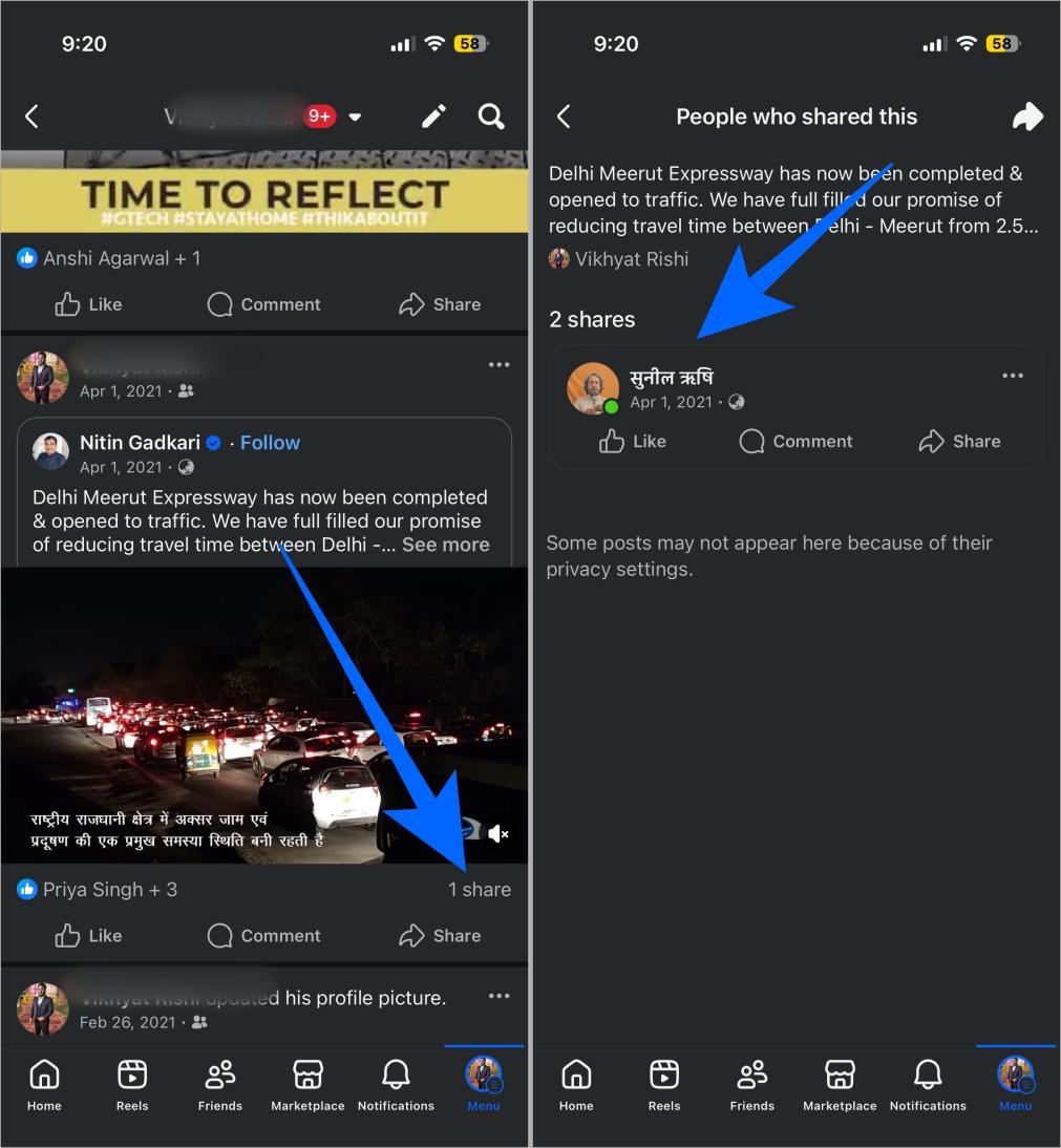 Check the share count on the facebook post