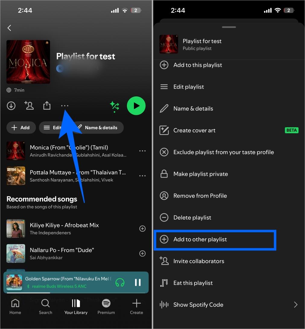 Copy songs from a Spotify playlist using Add to other playlist