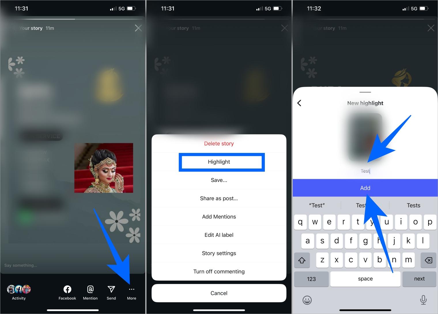 Create instagram story highlight by naming and adding from story menu