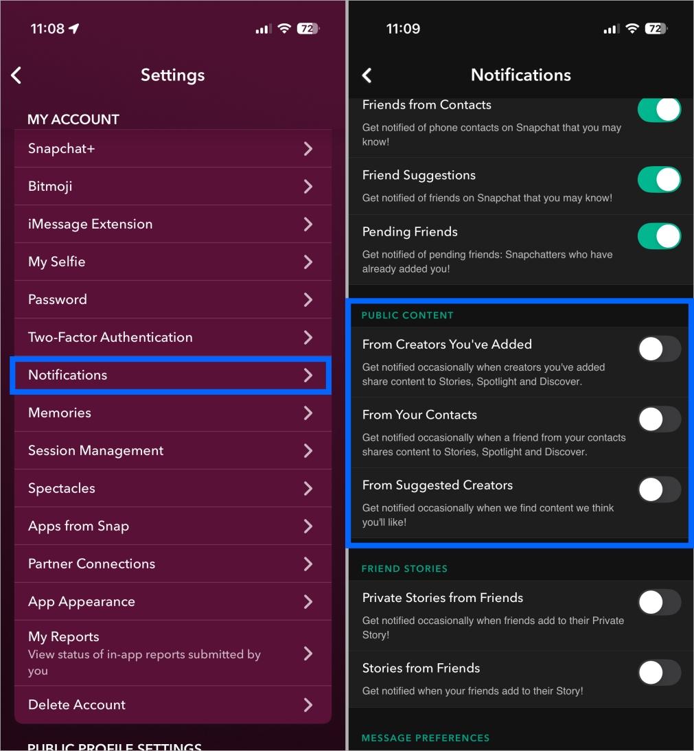 Disable snapchat story notifications for creators and contacts under public content settings