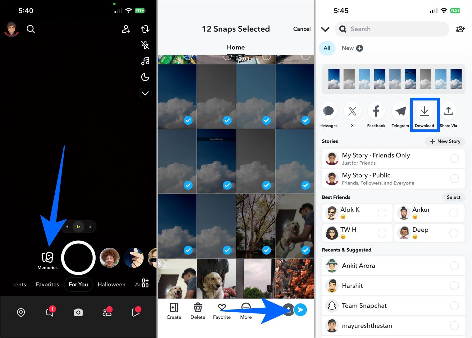 Download snapchat memories by selecting and sharing to save