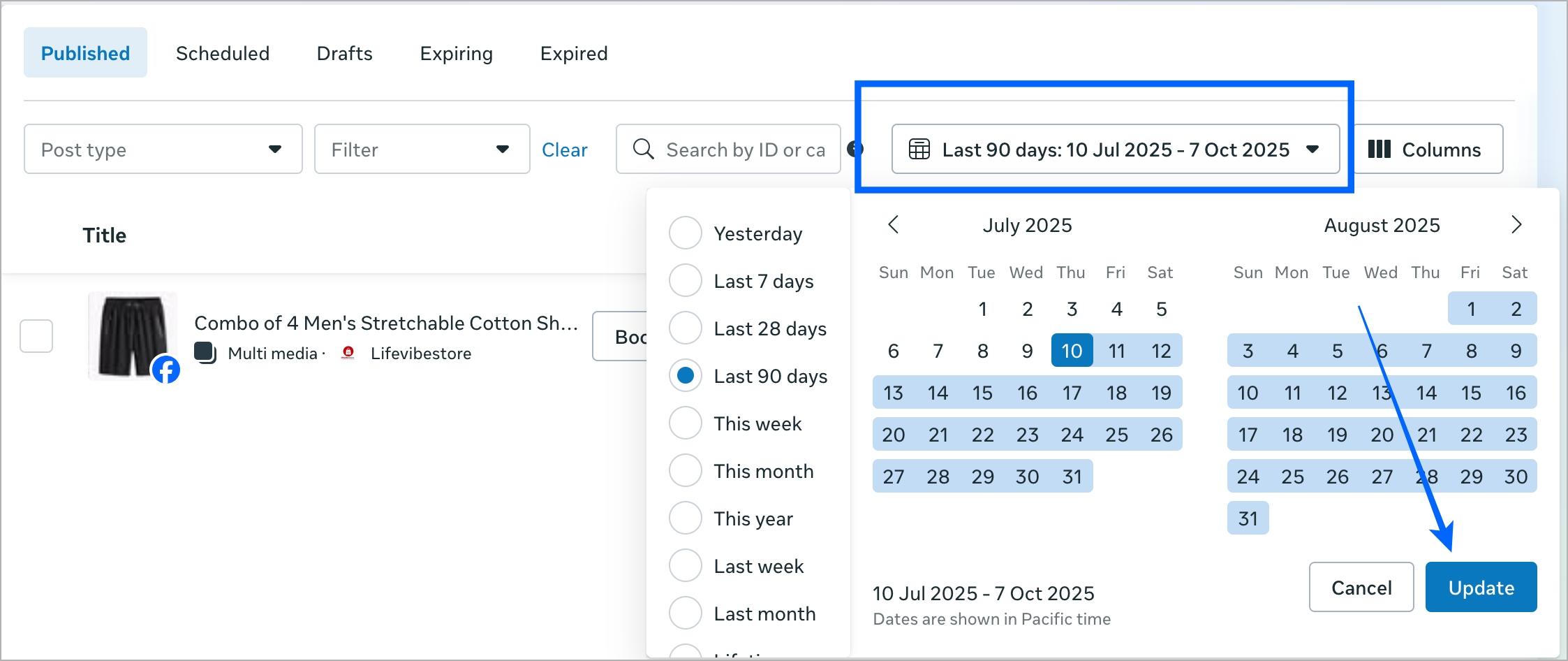 Filter posts by date in meta business suite and select post