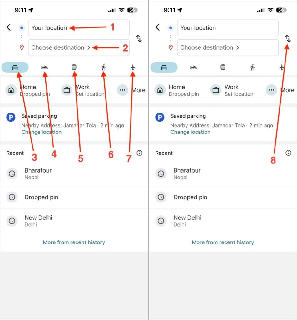 Google Maps Directions Input Screen Icons Meaning