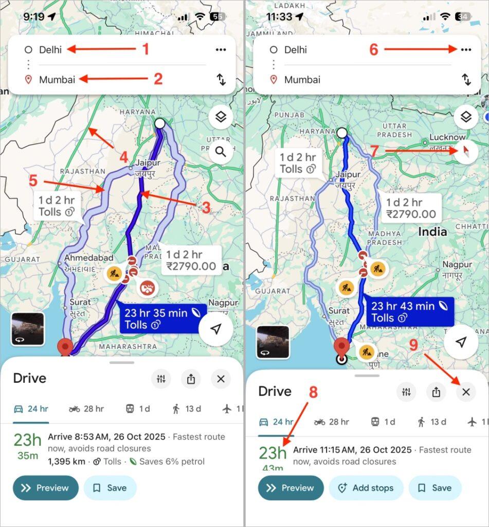 Google Maps Route Preview Screen Icons Meaning