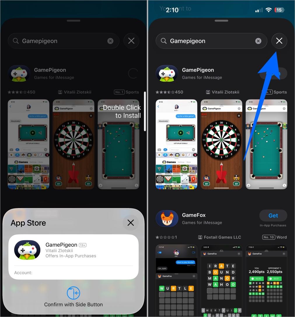 Install gamepigeon on iphone by verifying with side button and closing app store