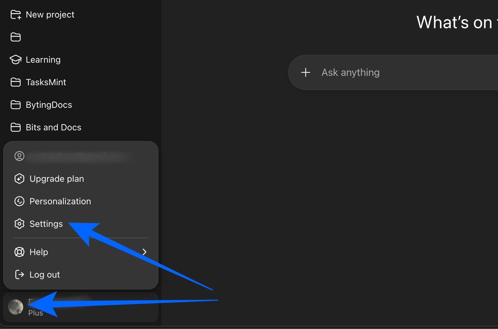 Open ChatGPT settings from profile menu
