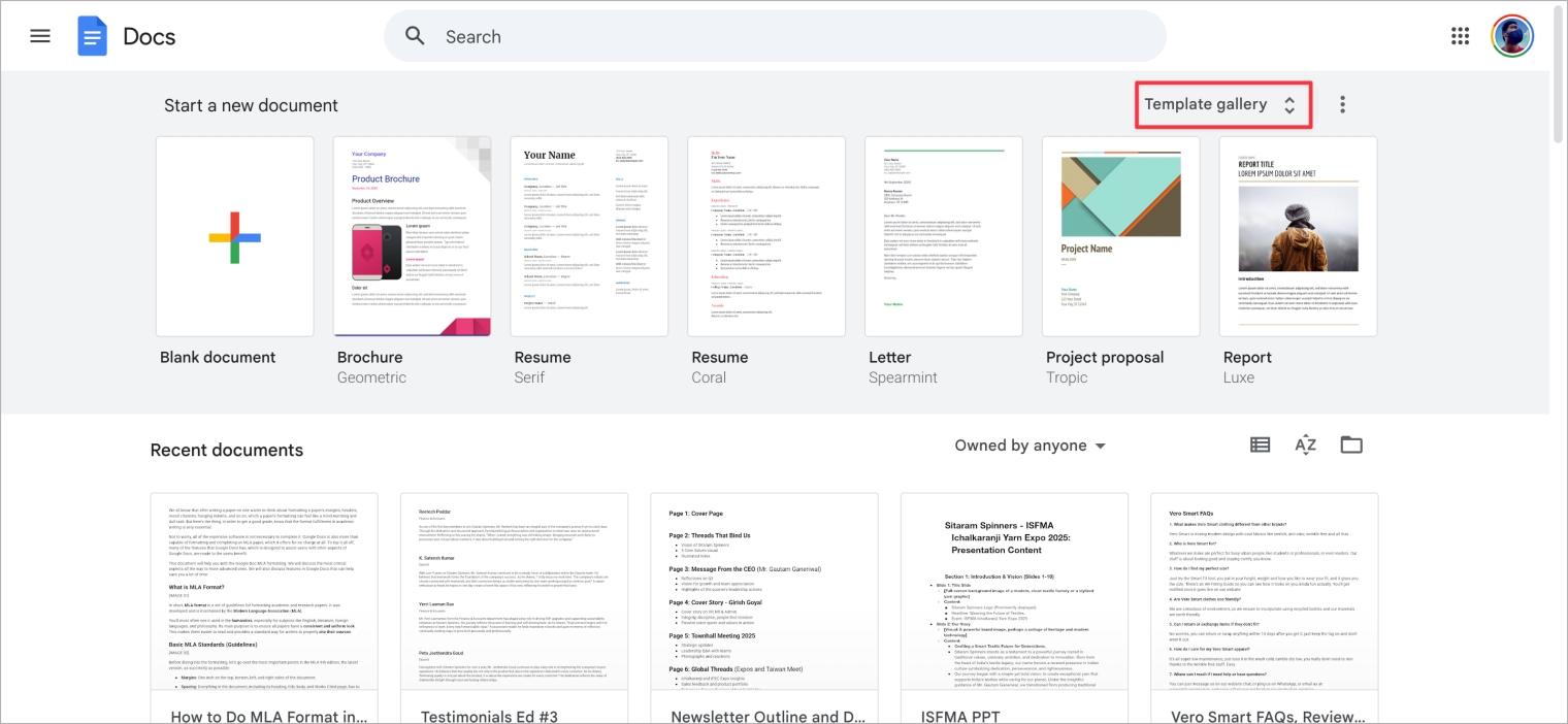 Open Google Docs and choose Template Gallery from home screen Open google docs and choose template gallery from home screen
