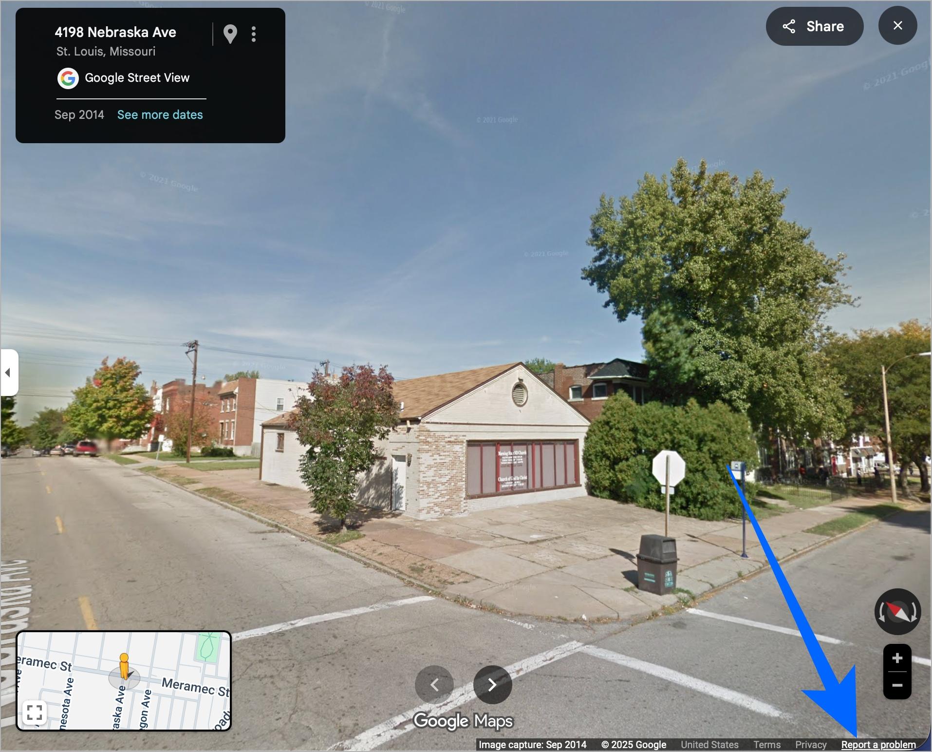 Open google maps street view and click report a problem