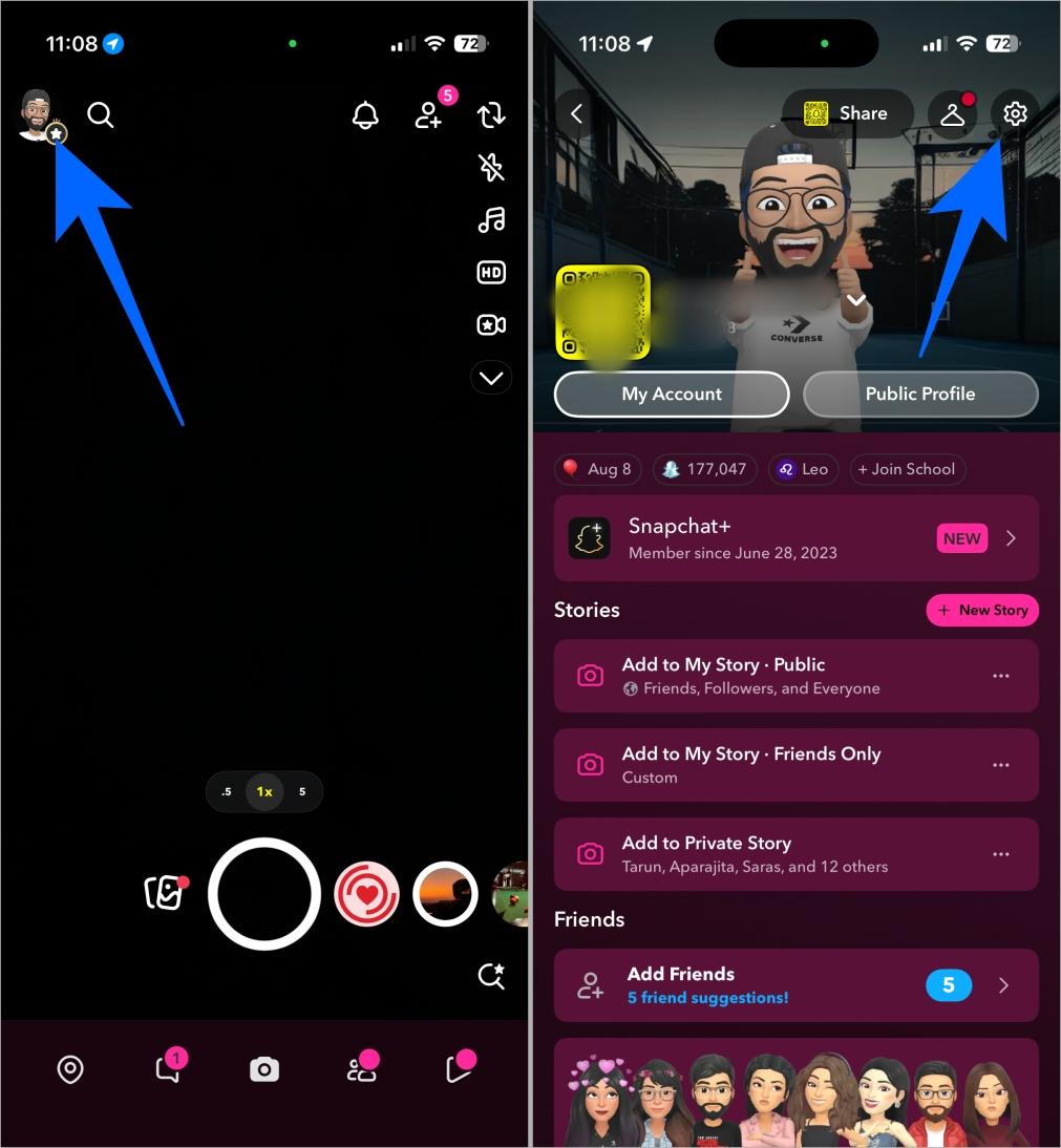 Open snapchat profile and access settings by tapping bitmoji icon and gear icon