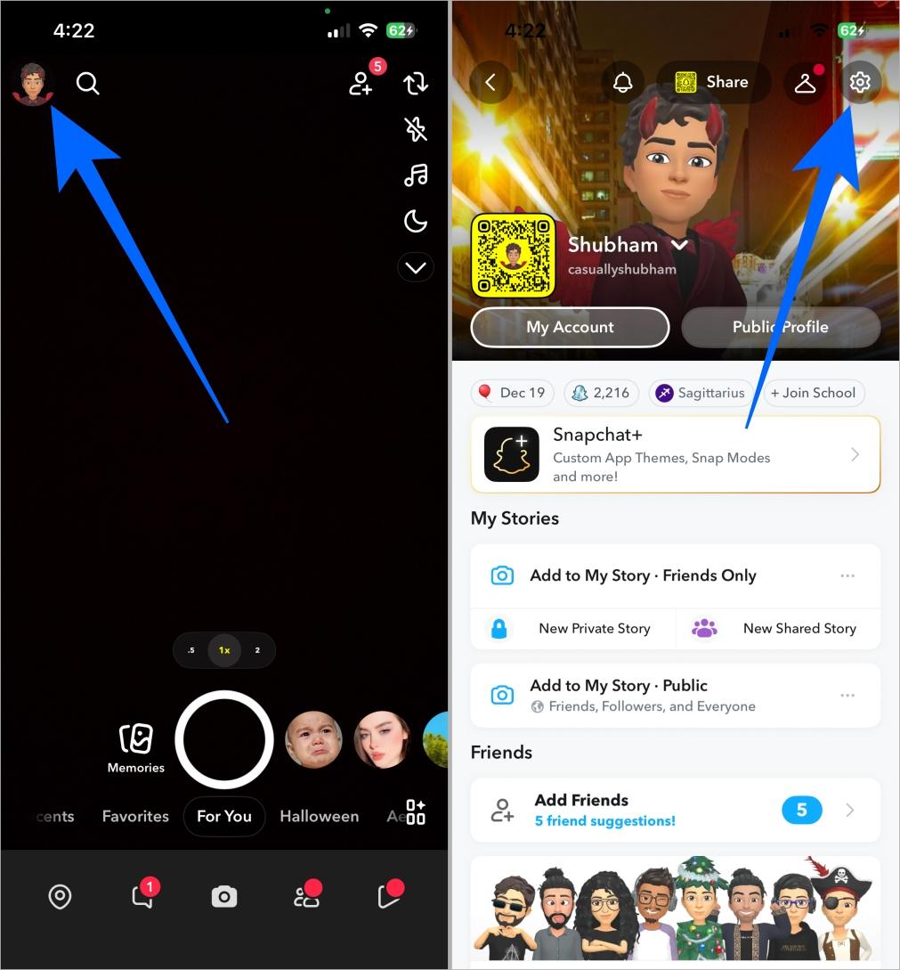 Open snapchat profile and tap settings icon