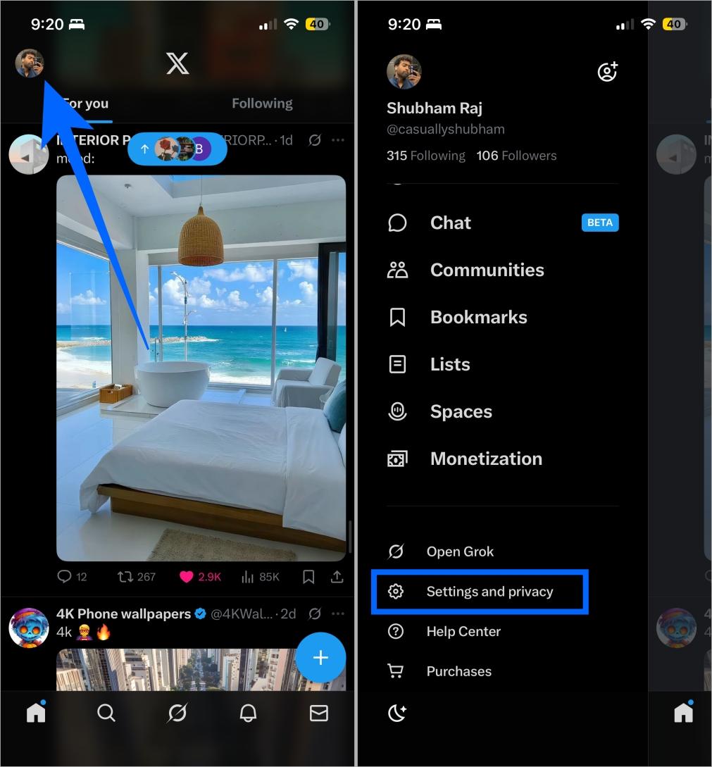 Open x app settings and privacy from profile menu