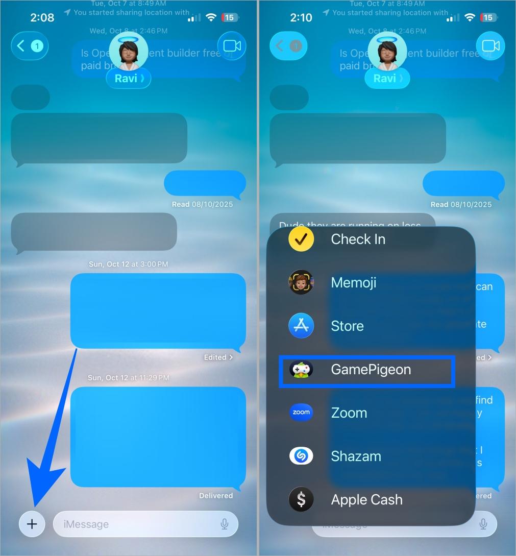 Open imessage chat and launch gamepigeon from plus menu