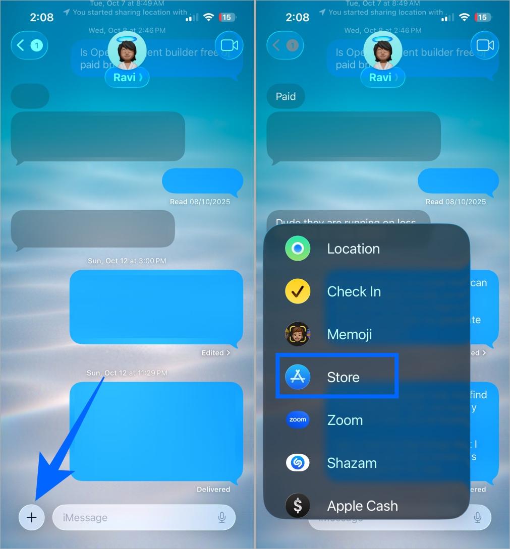 Open imessage chat tap plus icon and select store option