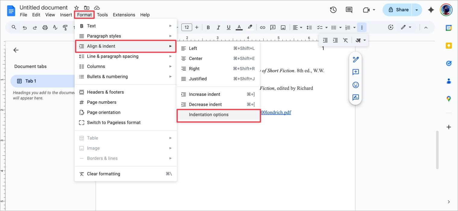 Open indentation options in Google Docs from Format menu Open indentation options in google docs from format menu
