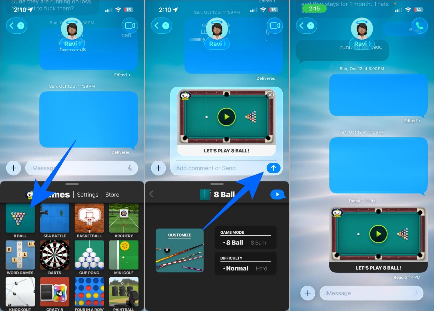 Play 8 ball in imessage using gamepigeon by sending game bubble