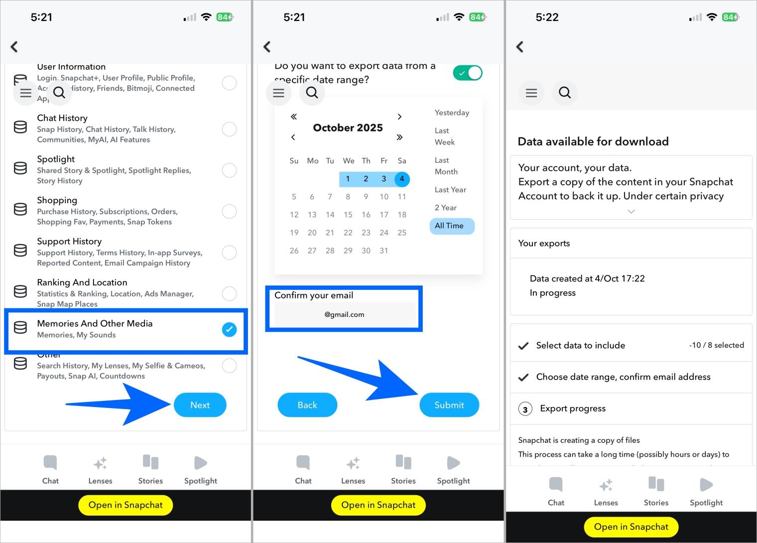 Request snapchat memories data by selecting media and submitting email