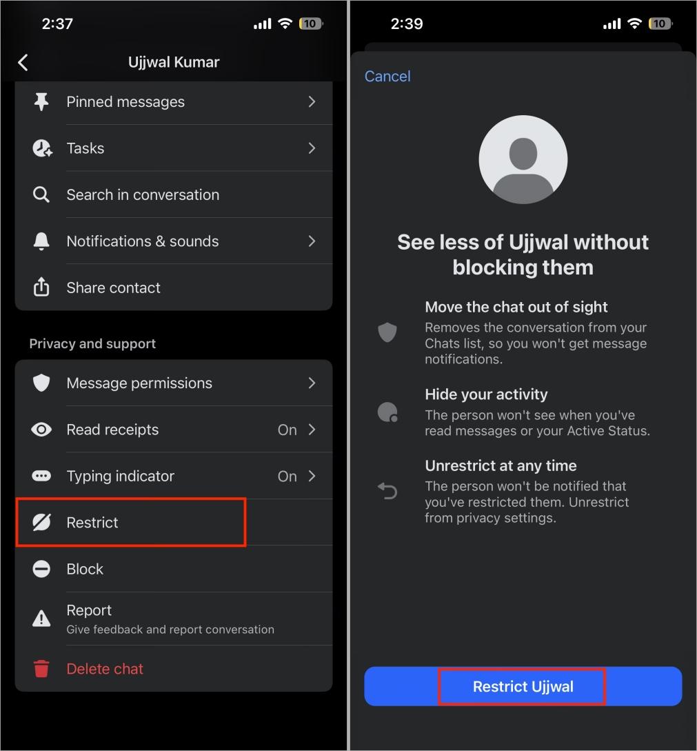 Restrict someone on Messenger by selecting Restrict and confirming Restrict someone on messenger by selecting restrict and confirming