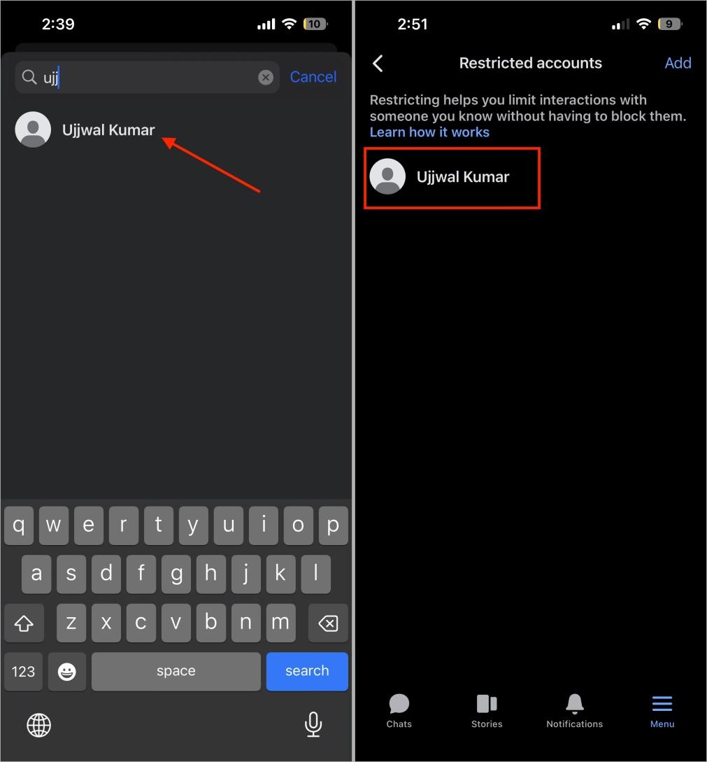Search and select the account to restrict in Messenger Search and select the account to restrict in messenger