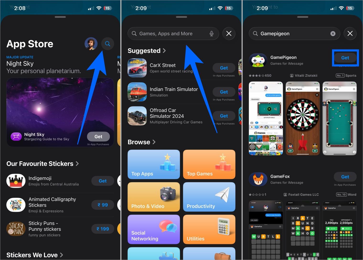Search for gamepigeon in imessage store and tap get to install
