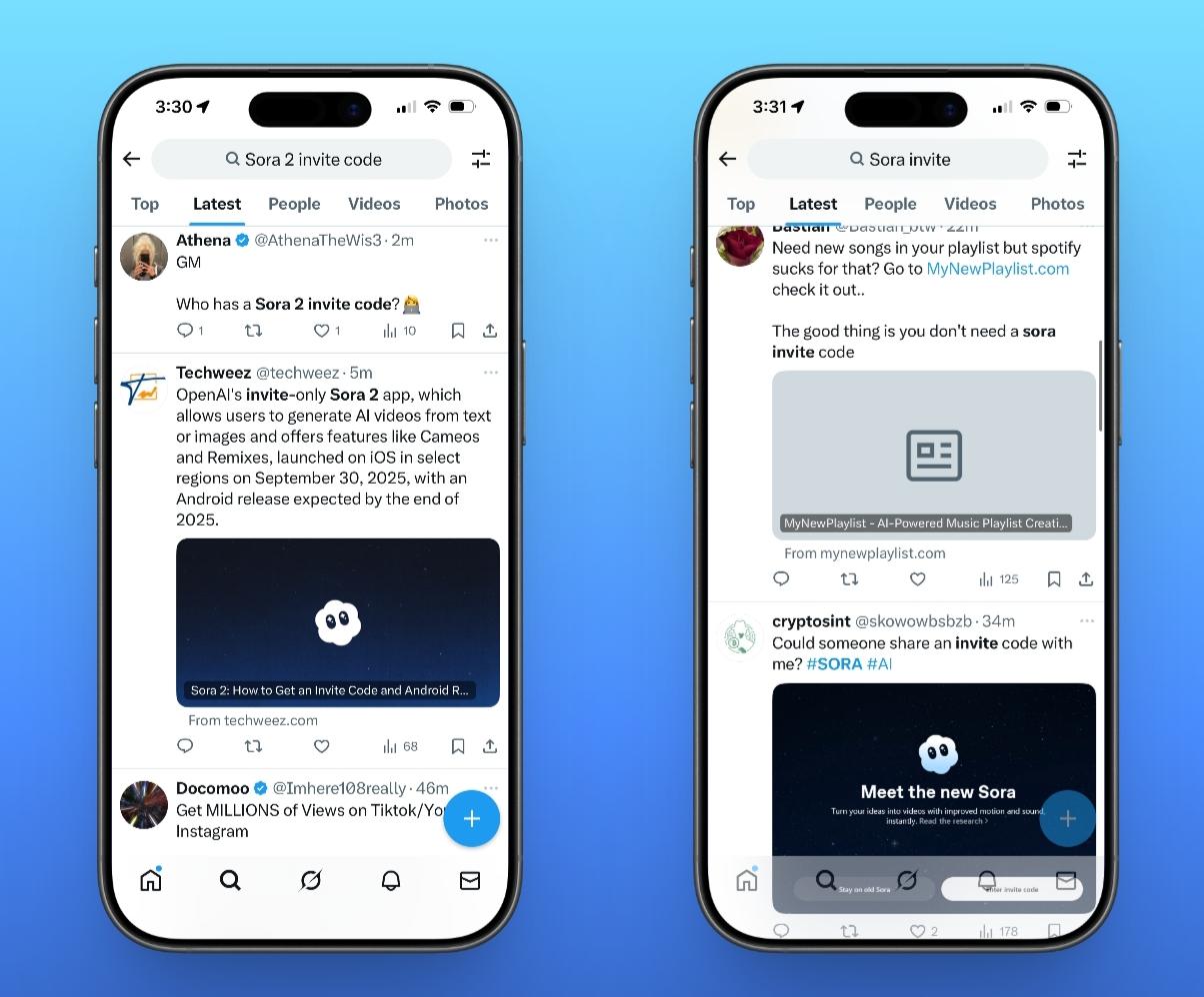 Search for sora invite code on x twitter using latest tab