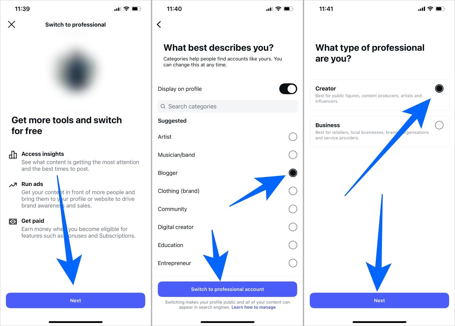Select creator option while setting up instagram professional account