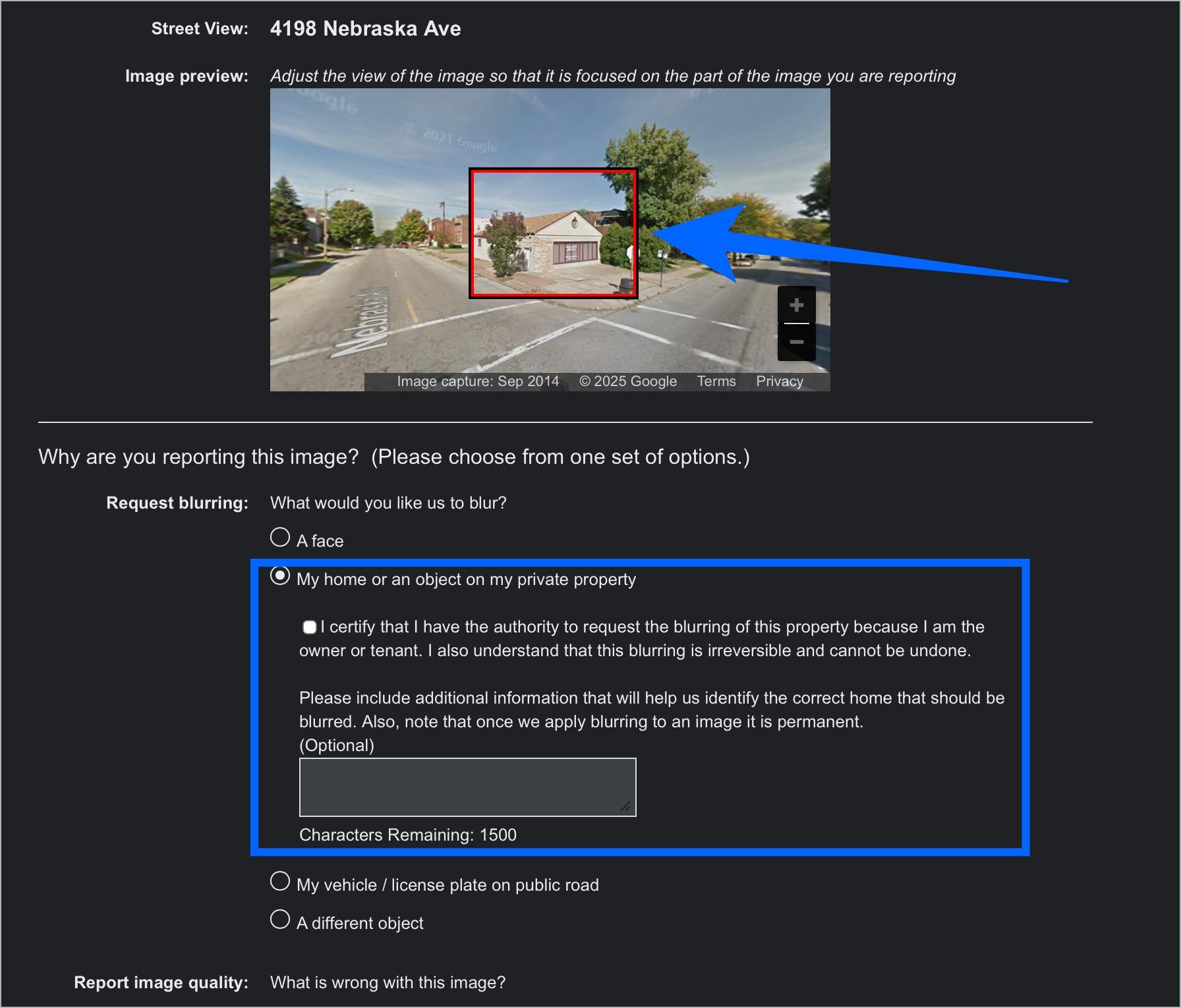 Select area to blur in google maps street view and choose my home option