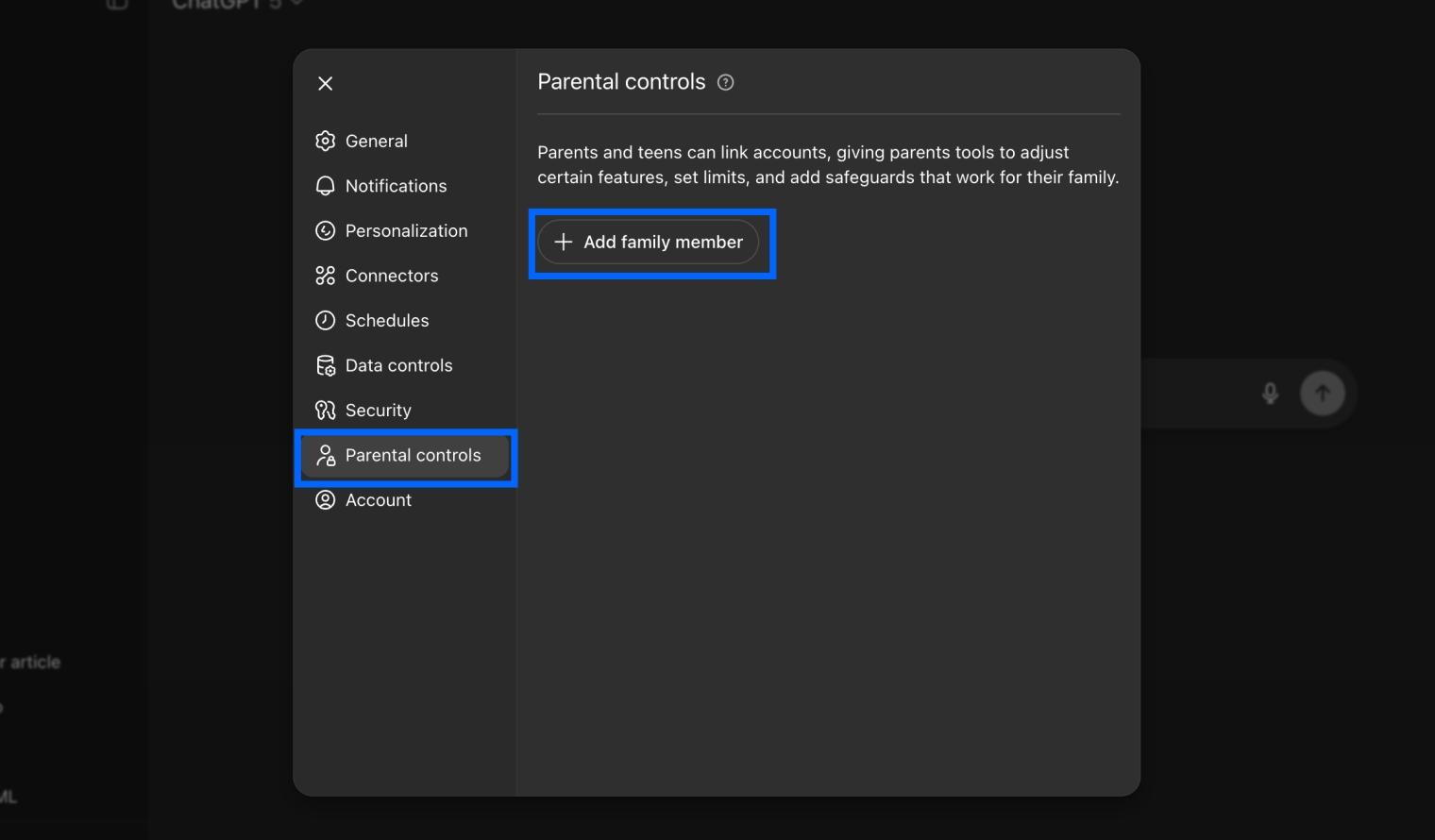 Select parental controls in ChatGPT and click Add family member