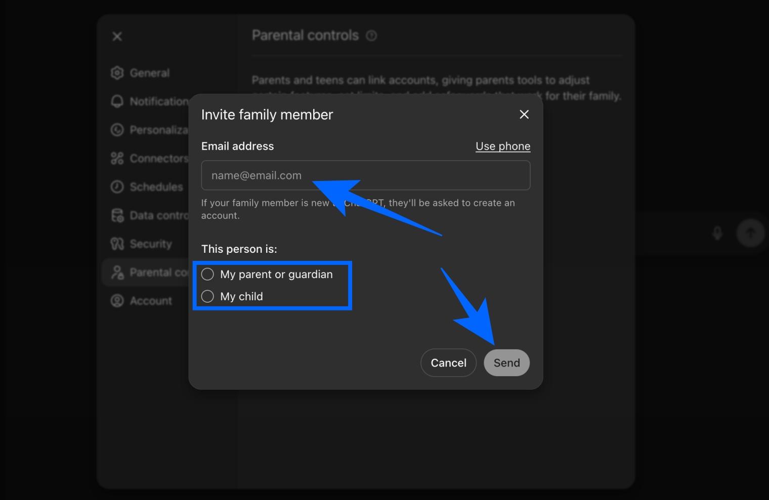 Send ChatGPT parental control invite by phone or email and select child or parent role