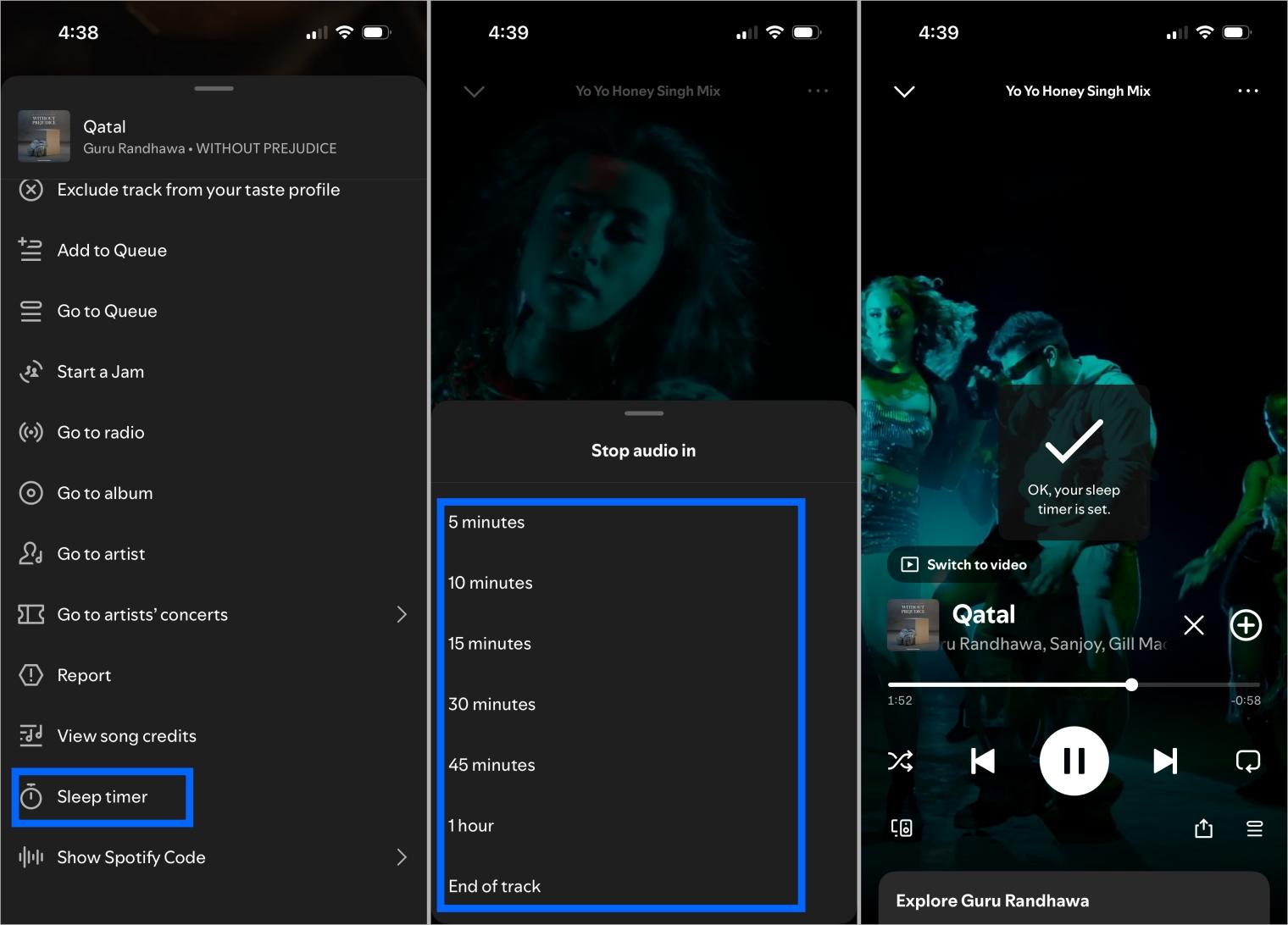 Set a spotify sleep timer by choosing duration or end of track option on mobile app