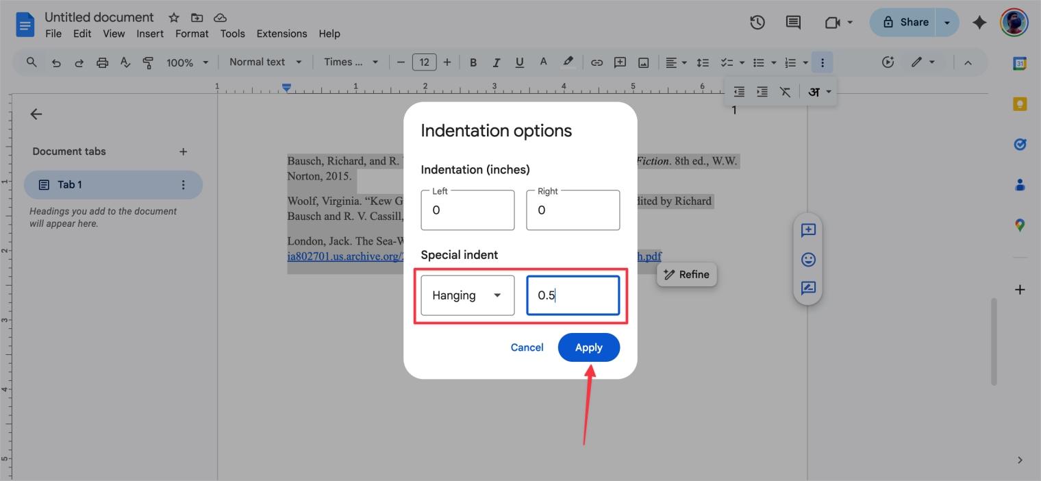 Set first line indent to 05 inches in Google Docs Set first line indent to 05 inches in google docs
