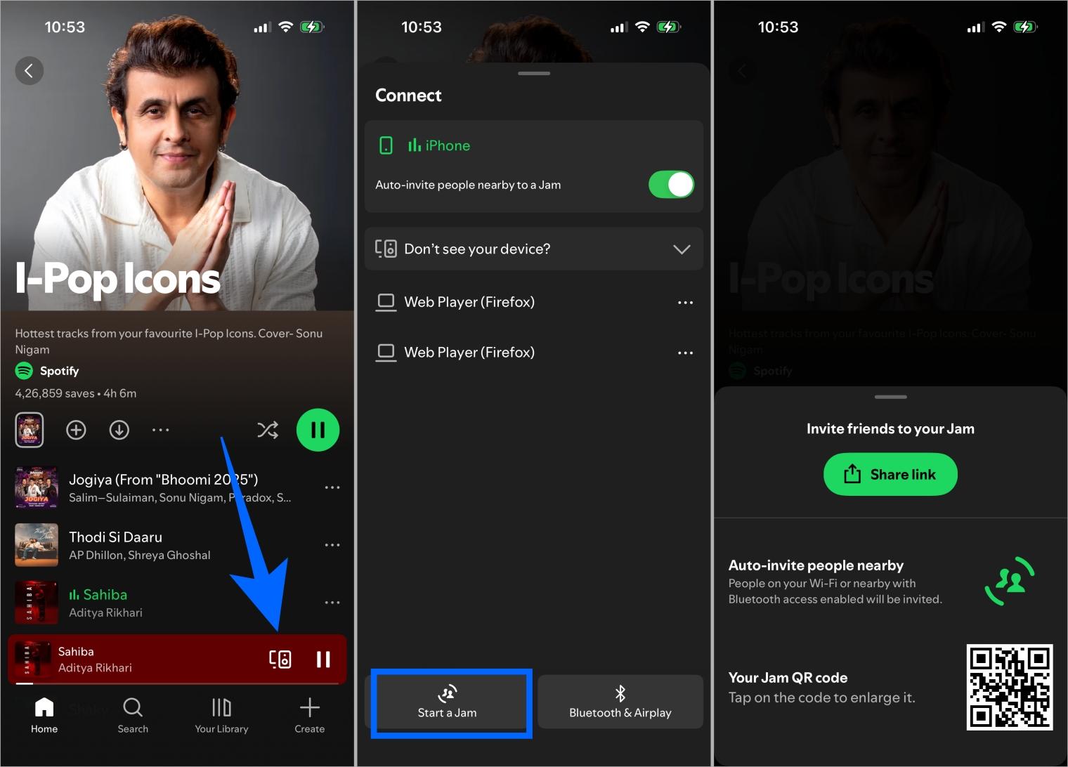 Start a spotify jam and invite friends via link qr code or nearby sharing