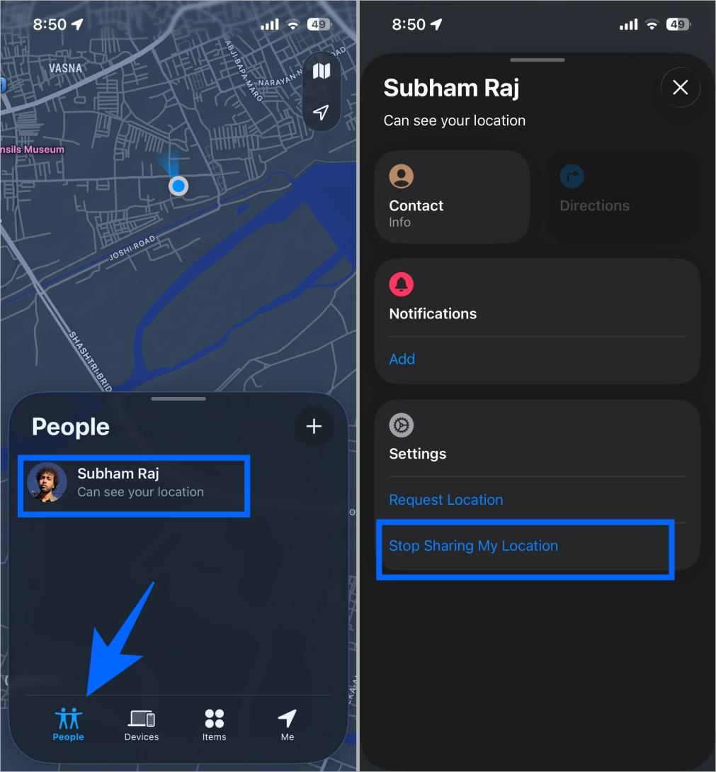 Stop sharing from the find my app