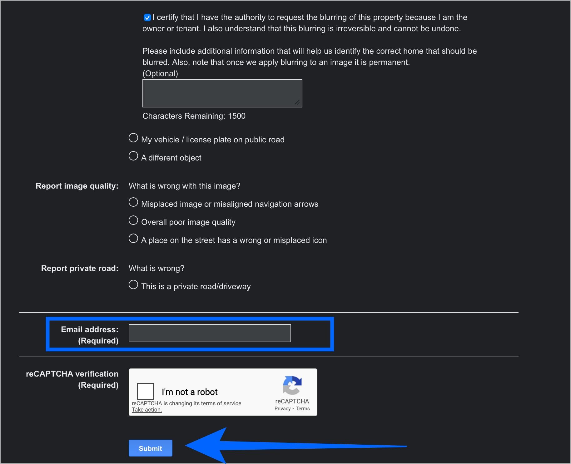 Submit google maps blur request by adding reason email and captcha