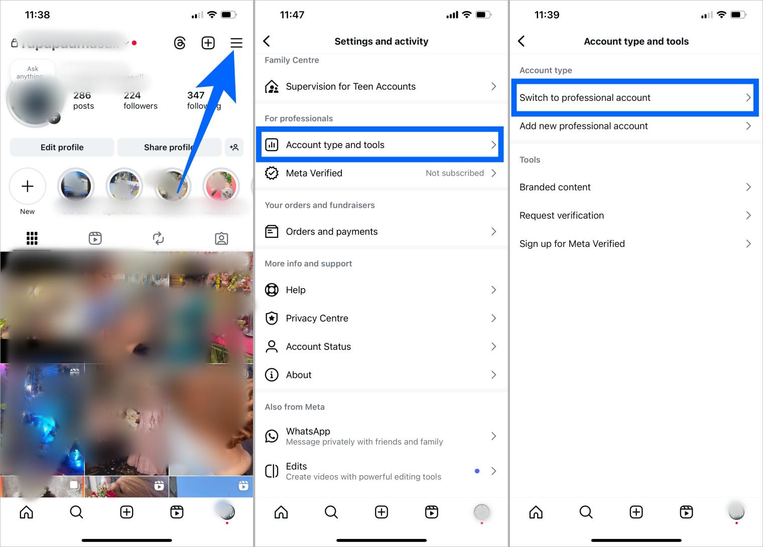 Switch to instagram professional account from profile settings