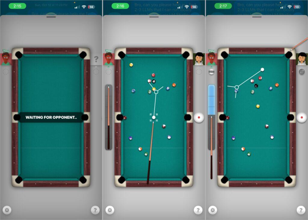 Take a shot in iMessage 8-Ball by aiming cue ball and using power slider Take a shot in imessage 8 ball by aiming cue ball and using power slider