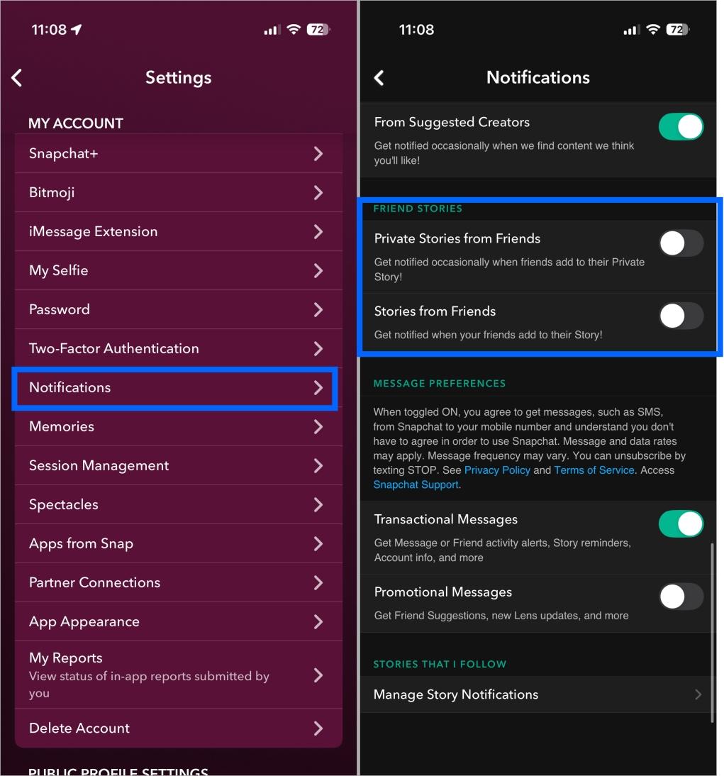Turn off snapchat story notifications in settings by disabling friend stories options